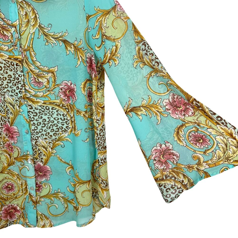 Slinky Brand Sz Large Super Sheer Tropical Floral Long Sleeve Blouse Shirt Top - Picture 7 of 9